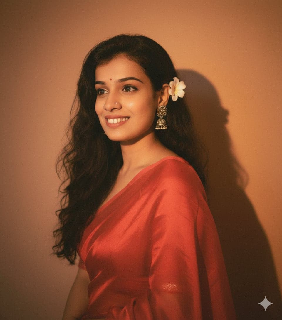 Cinematic Retro Portrait of an Indian Woman in a Sky Saree — Flux.1 Dev Image Prompt