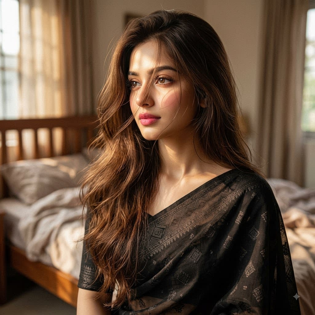 Hyper-Realistic Sunlit Portrait in Black Saree — Flux.1 Dev Image Prompt