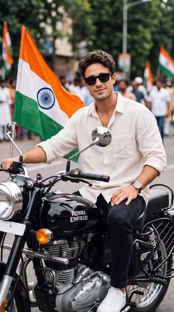 Independence Day 15 August AI Photo Editing Prompt Free Portrait with Royal Enfield — DELL Image Prompt