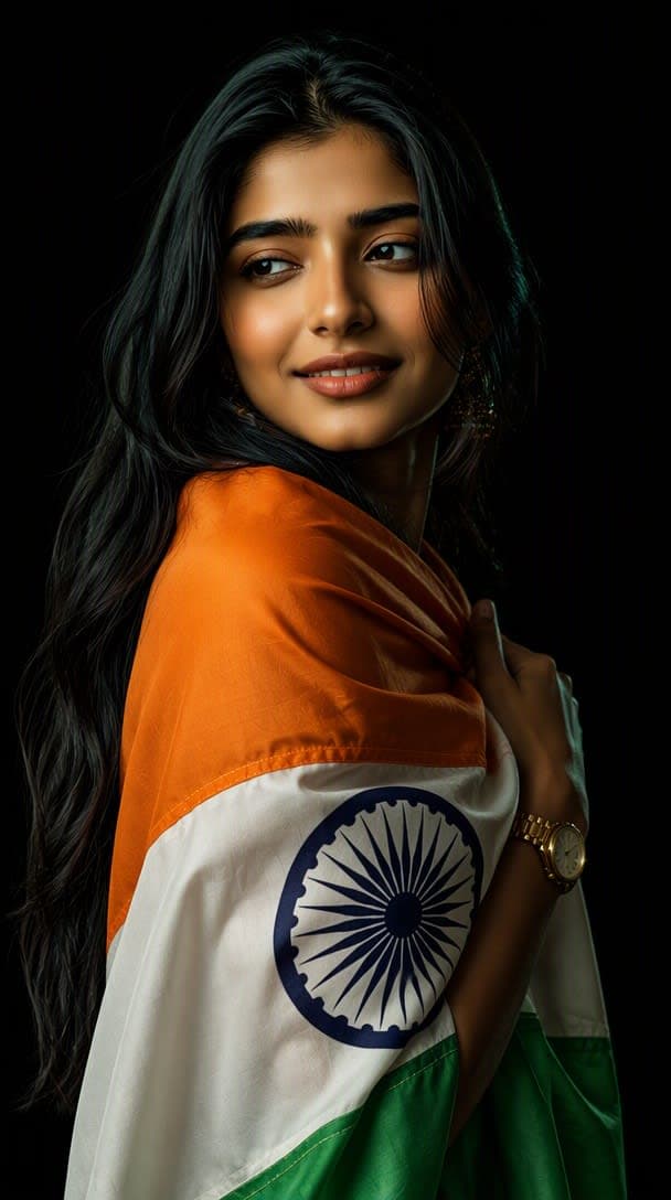स्वतंत्रता दिवस (15 अगस्त) तिरंगा पोर्ट्रेट AI प्रॉम्प्ट - Realistic Indian Flag Girl — Free AI Image Prompt for Flux.1 Dev